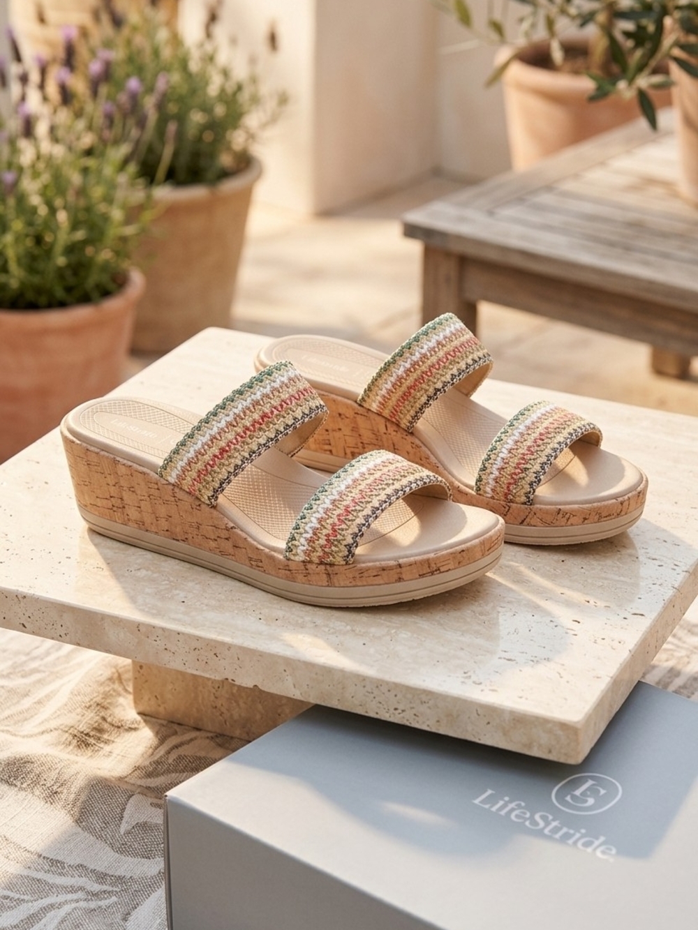 Life Stride Beige Cork Wedge Sandals with Multicolor Braided Straps